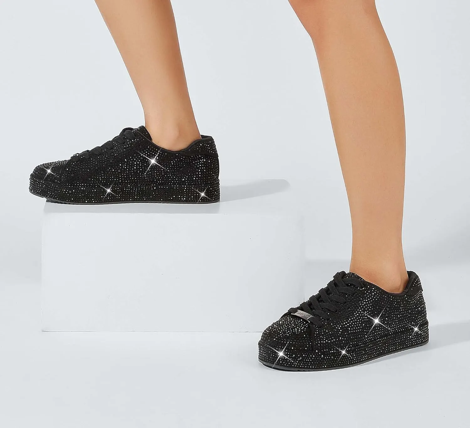 LUCKY STEP Platform Rhinestone Fashion Glitter Sneakers | Sparkly Bling Bedazzled Wedding Bridal Shiny Shoes for Women