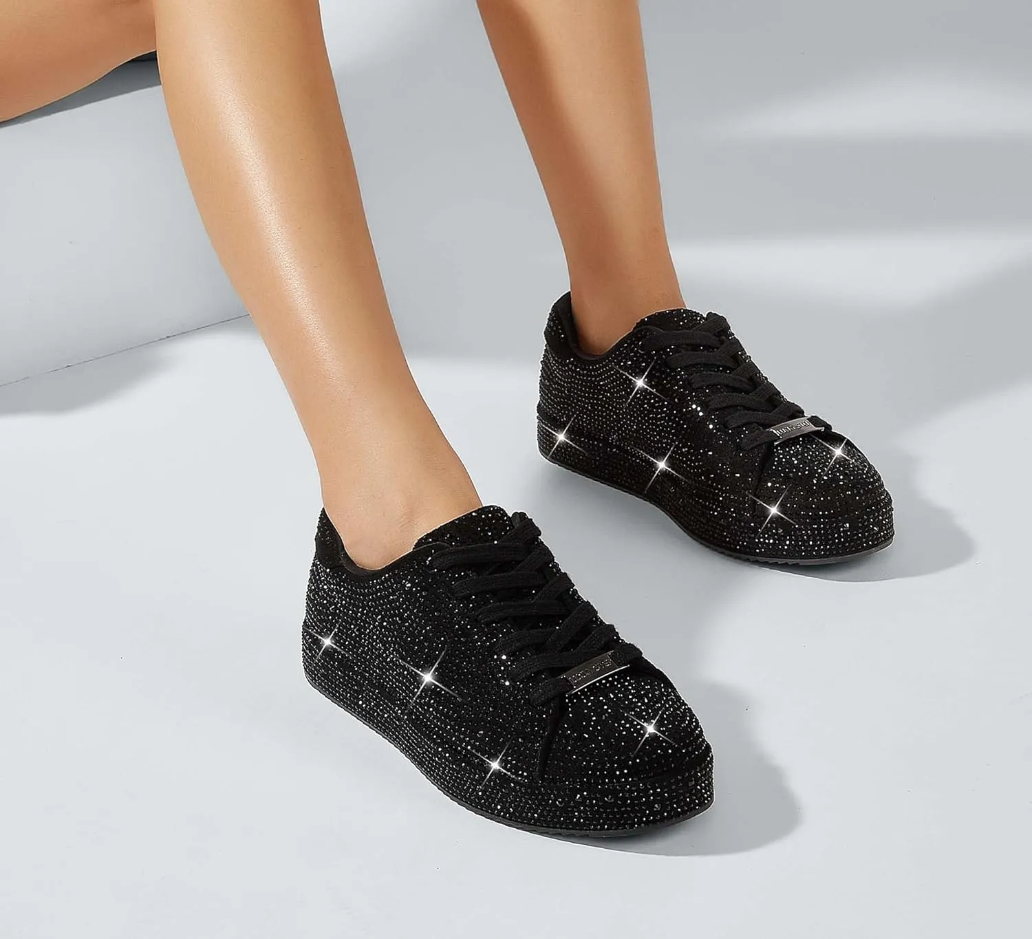 LUCKY STEP Platform Rhinestone Fashion Glitter Sneakers | Sparkly Bling Bedazzled Wedding Bridal Shiny Shoes for Women