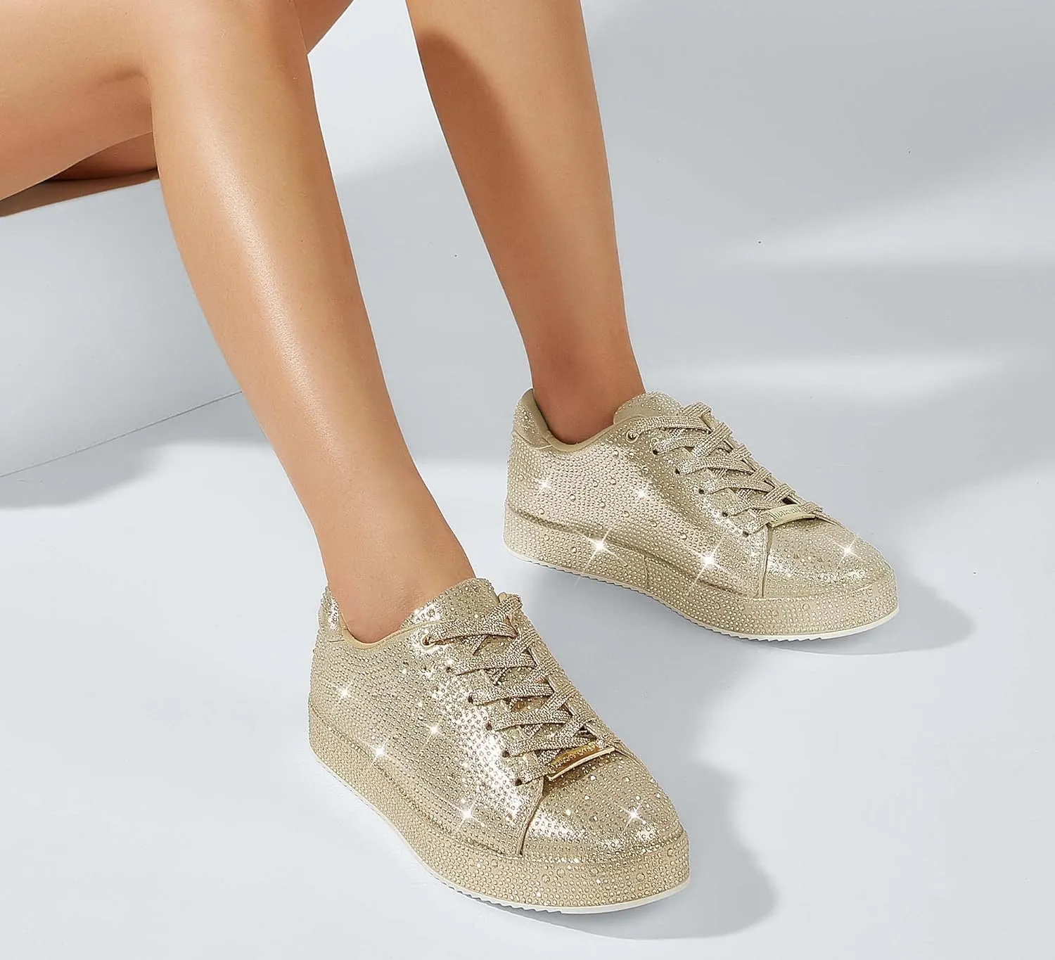 LUCKY STEP Platform Rhinestone Fashion Glitter Sneakers | Sparkly Bling Bedazzled Wedding Bridal Shiny Shoes for Women