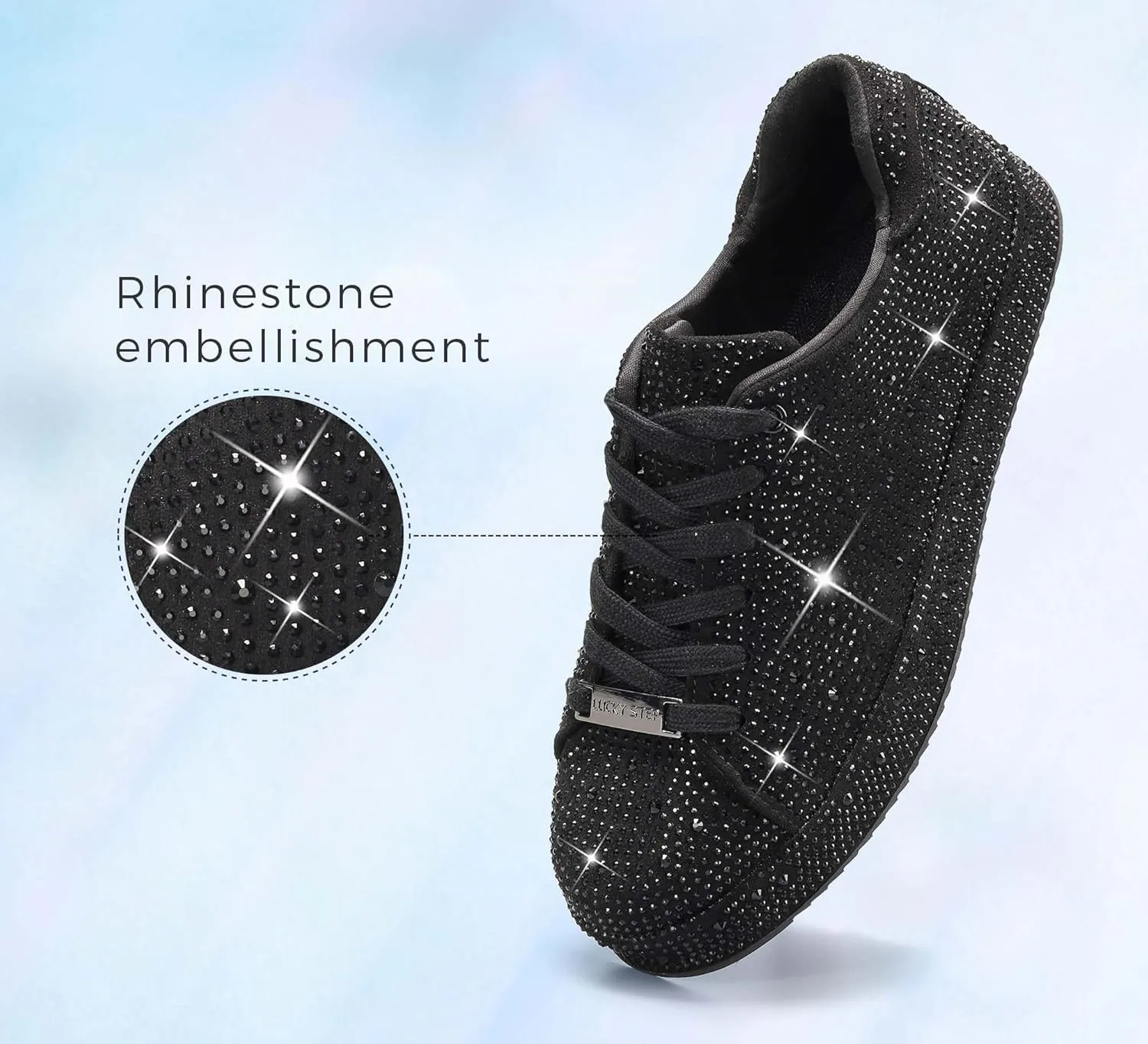 LUCKY STEP Platform Rhinestone Fashion Glitter Sneakers | Sparkly Bling Bedazzled Wedding Bridal Shiny Shoes for Women