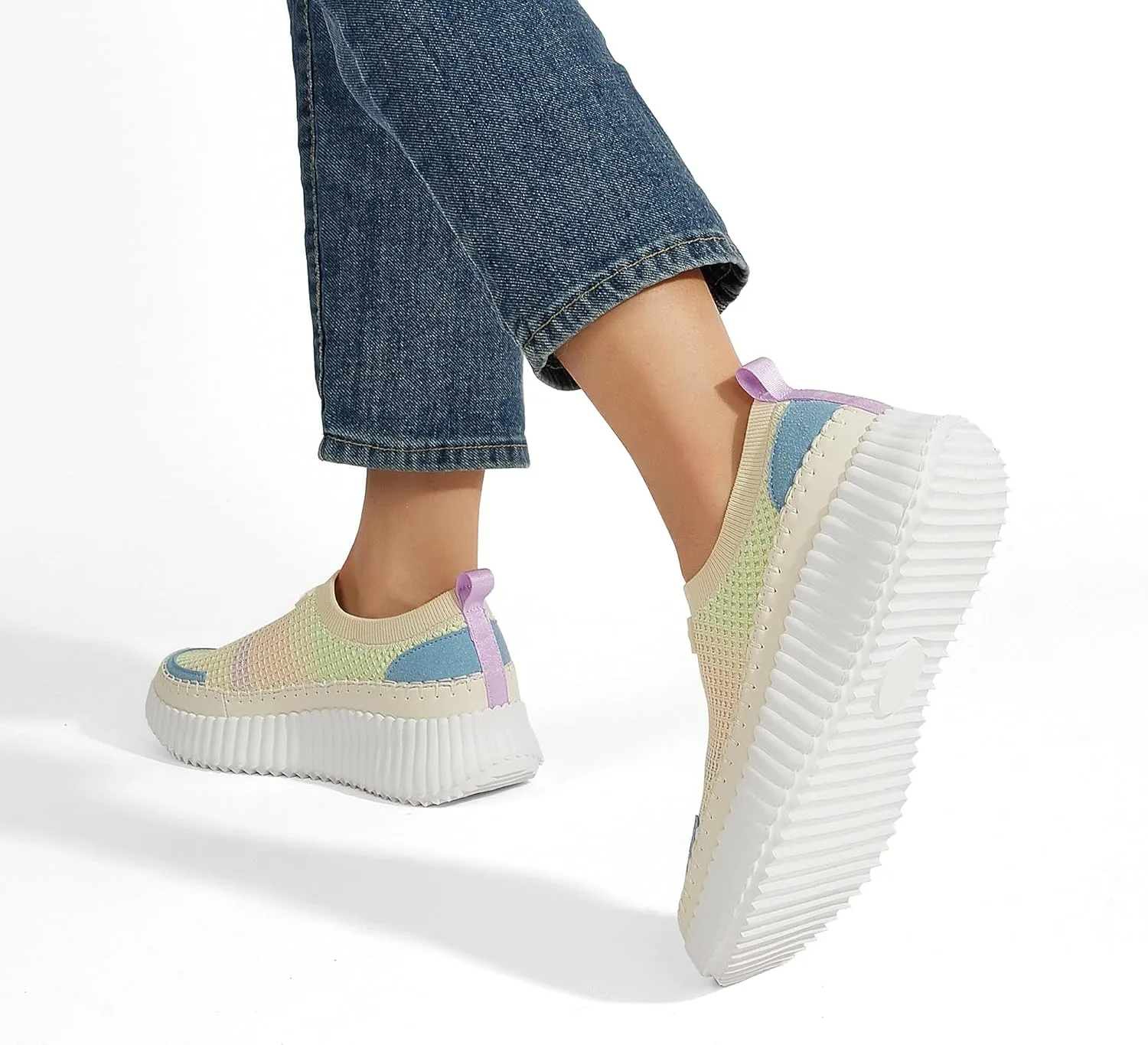 LUCKY STEP Platform Sneakers for Women Slip on Knit Chunky Fashion Casual Retro Braided Tennis Lightweight Walking Shoes