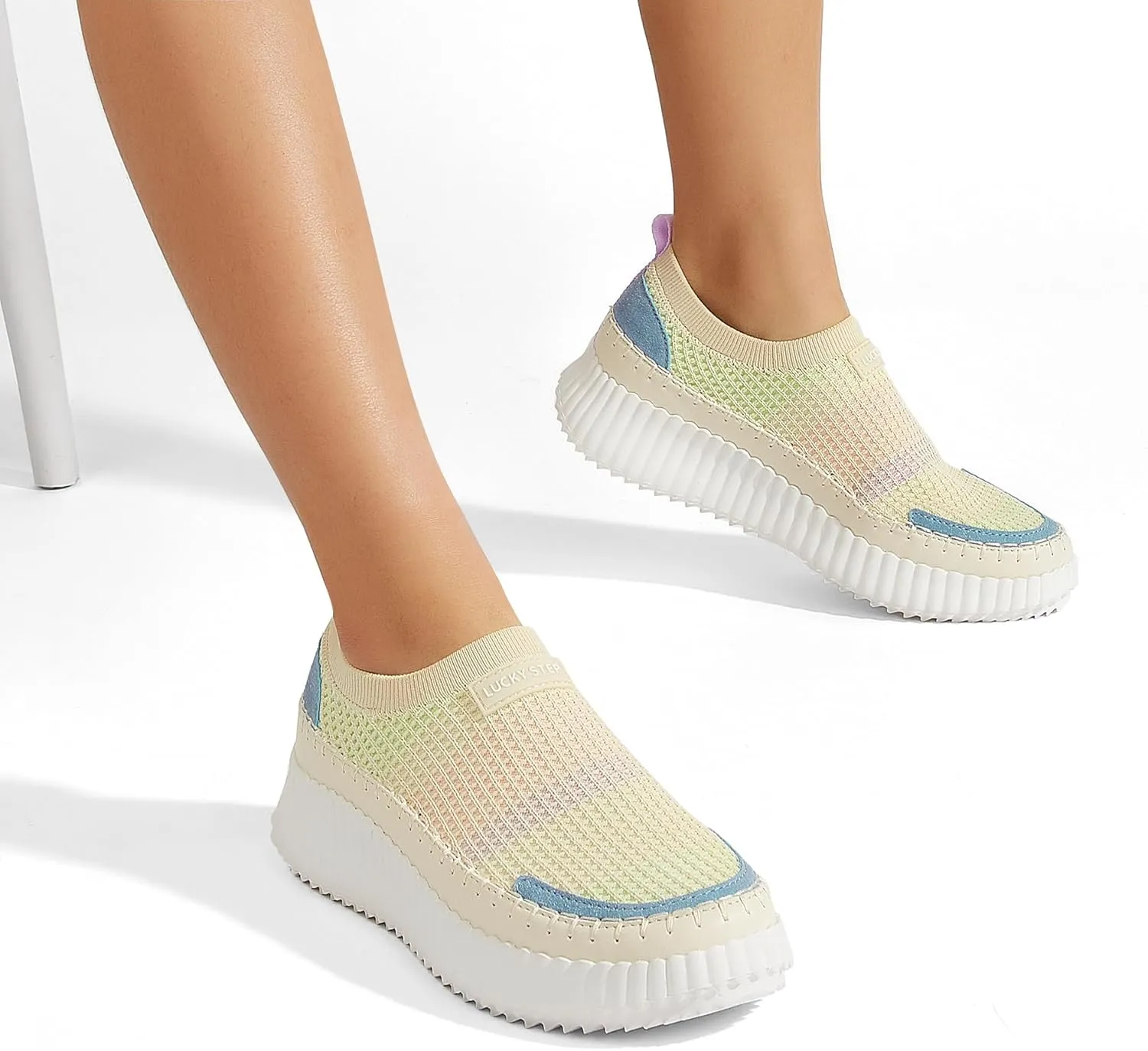 LUCKY STEP Platform Sneakers for Women Slip on Knit Chunky Fashion Casual Retro Braided Tennis Lightweight Walking Shoes