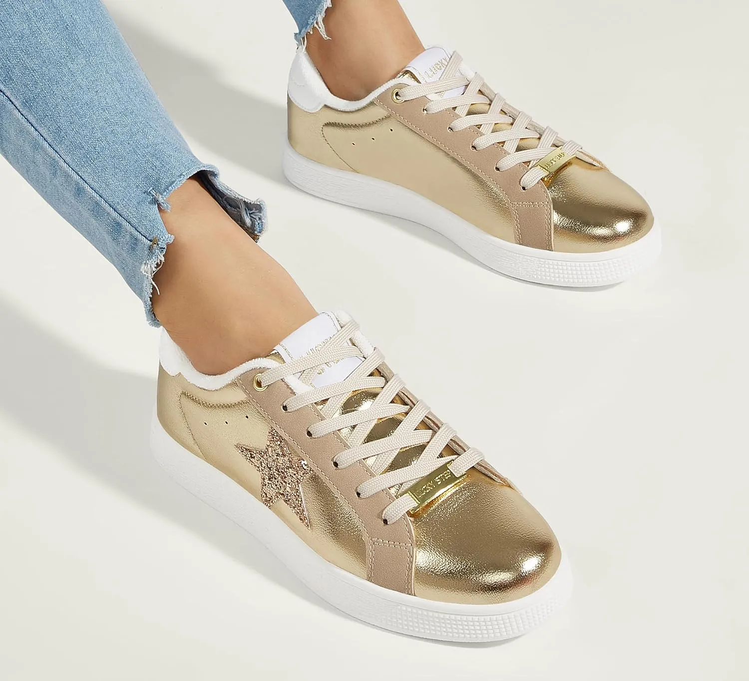 LUCKY STEP Women's Fashion Star Sneaker Lace Up Low Top Comfortable Cushioned Walking Shoes