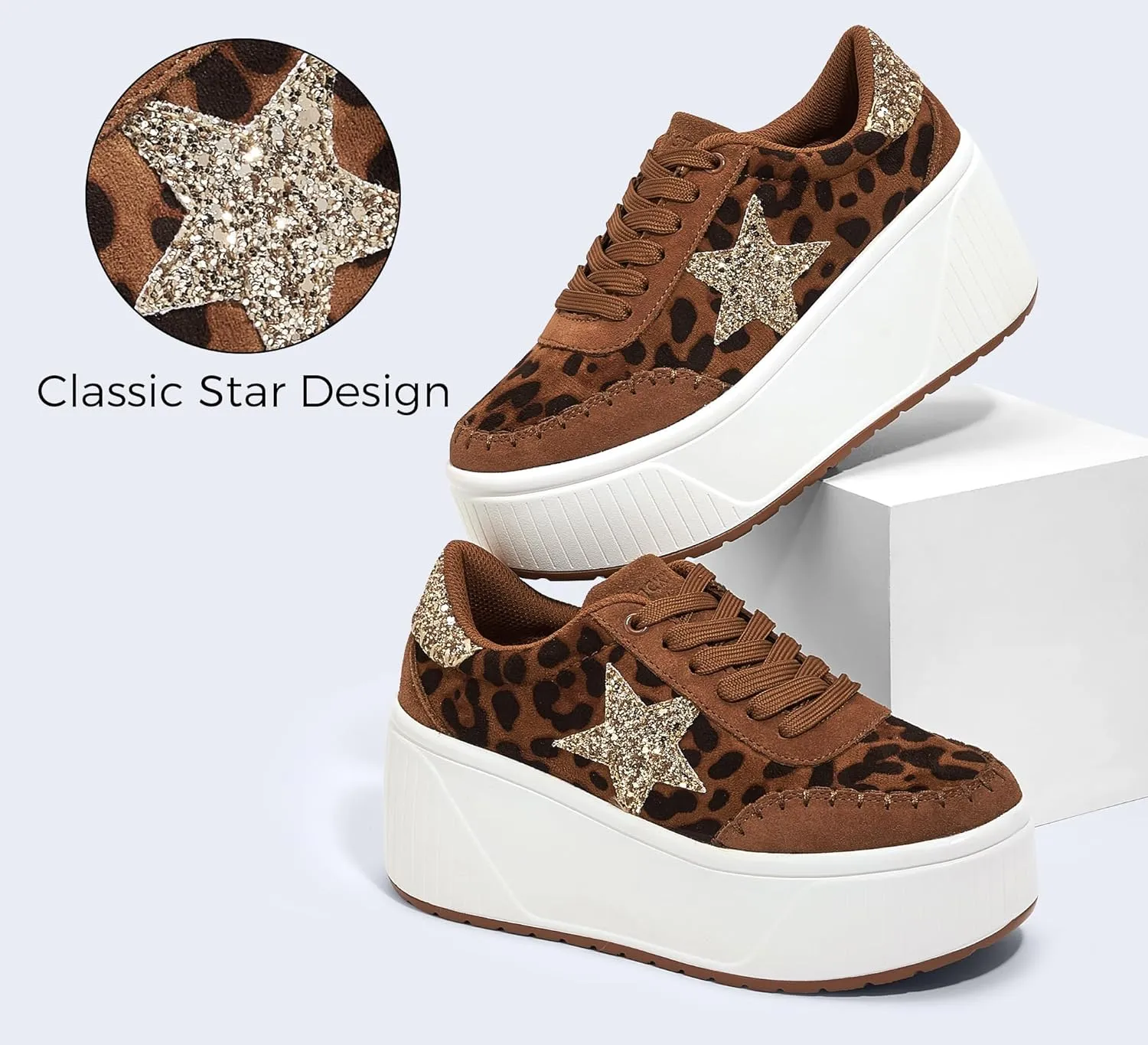 LUCKY STEP Women's Platform Chunky Sneakers Fashion Star Glitter Sparkly Wedge Walking Shoes High Heel Casual Shiny Thick Sole Footwear
