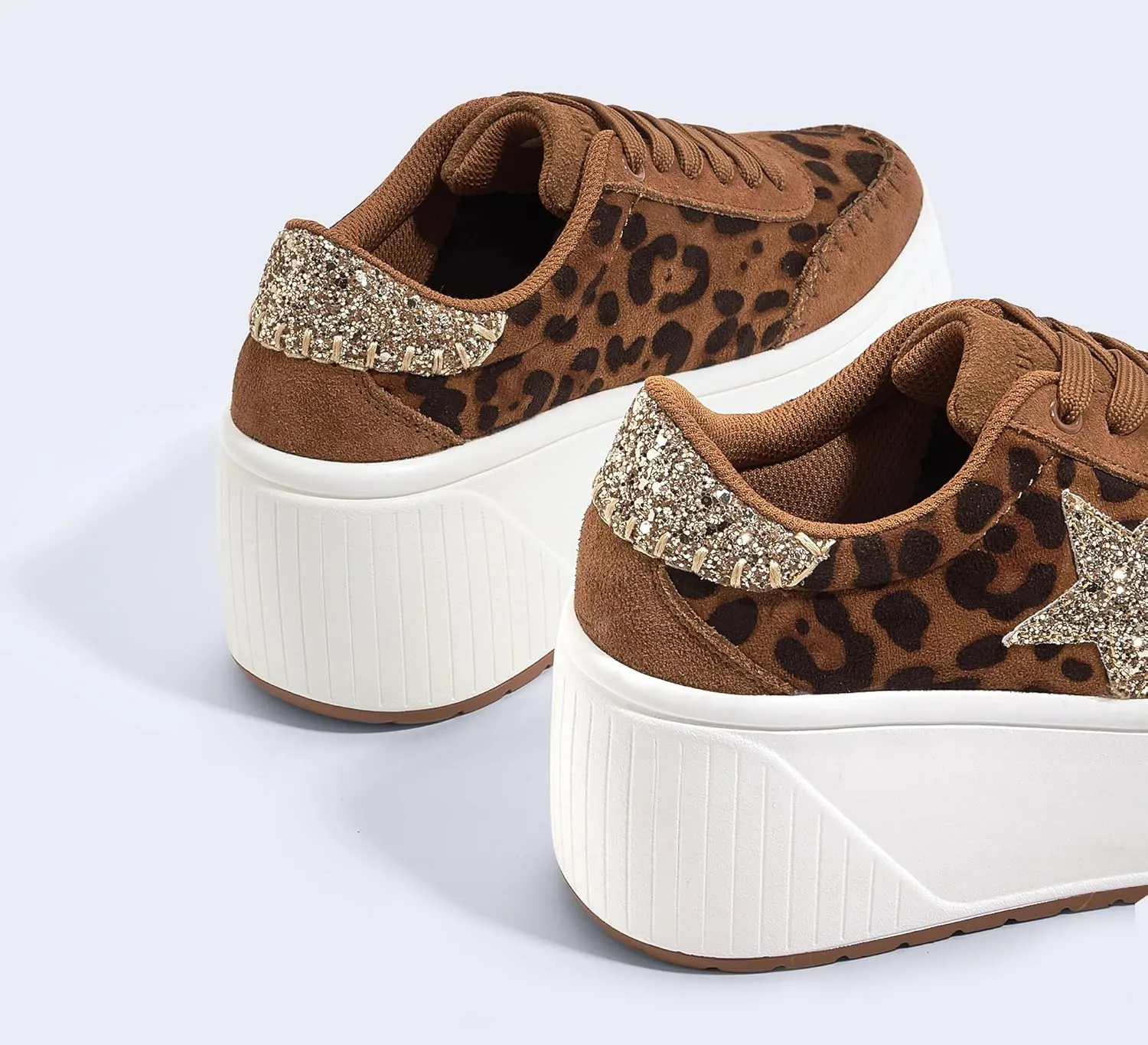 LUCKY STEP Women's Platform Chunky Sneakers Fashion Star Glitter Sparkly Wedge Walking Shoes High Heel Casual Shiny Thick Sole Footwear