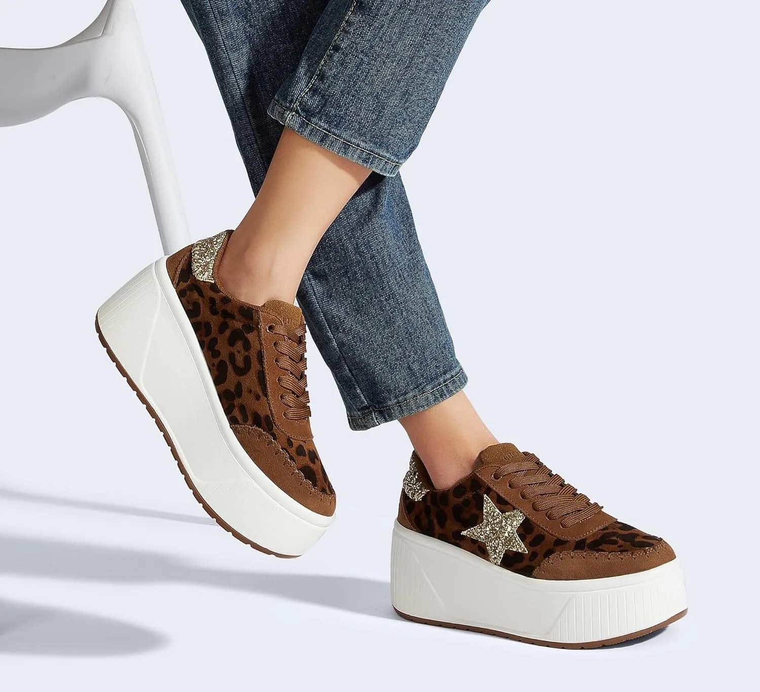 LUCKY STEP Women's Platform Chunky Sneakers Fashion Star Glitter Sparkly Wedge Walking Shoes High Heel Casual Shiny Thick Sole Footwear