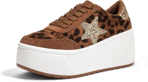 LUCKY STEP Women's Platform Chunky Sneakers Fashion Star Glitter Sparkly Wedge Walking Shoes High Heel Casual Shiny Thick Sole Footwear