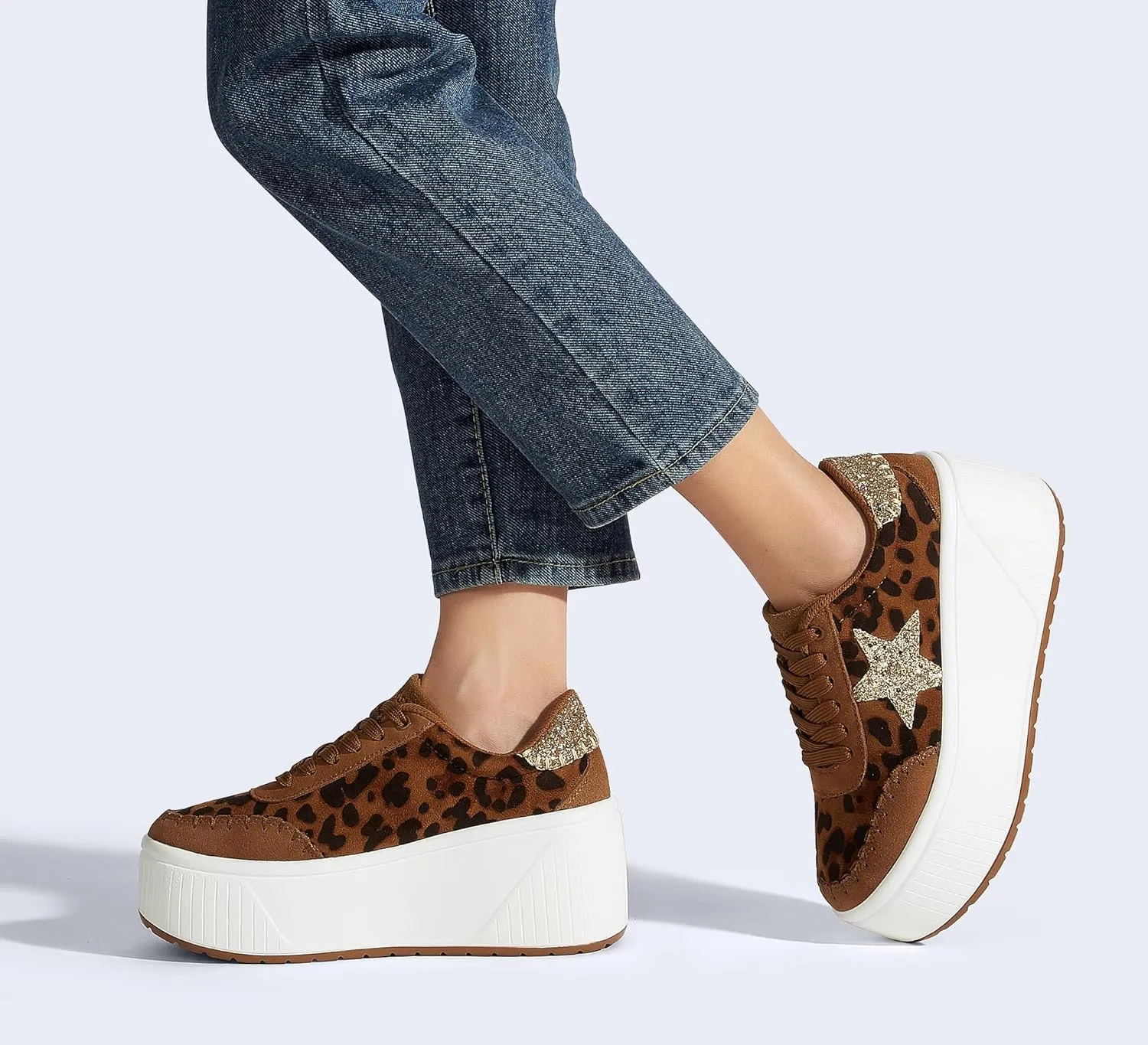 LUCKY STEP Women's Platform Chunky Sneakers Fashion Star Glitter Sparkly Wedge Walking Shoes High Heel Casual Shiny Thick Sole Footwear