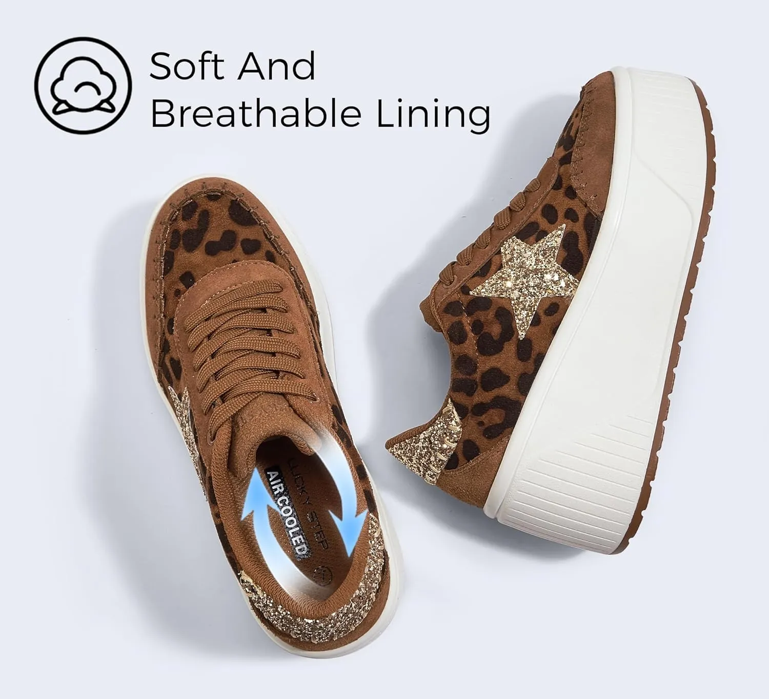 LUCKY STEP Women's Platform Chunky Sneakers Fashion Star Glitter Sparkly Wedge Walking Shoes High Heel Casual Shiny Thick Sole Footwear