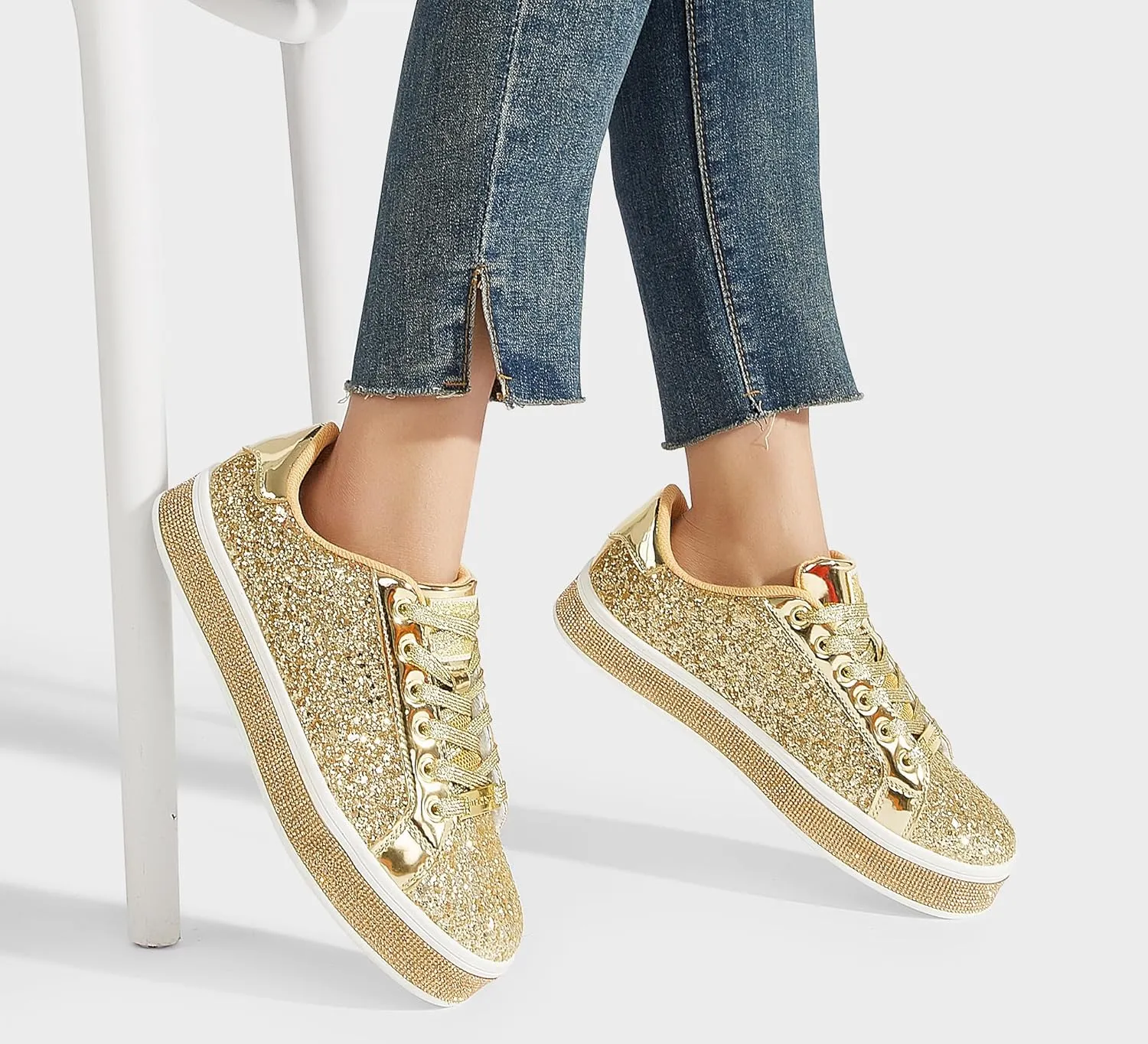LUCKY STEP Women's Platform Glitter Sneakers | Sparkly Bling Shiny Dressy Bedazzled Wedding Bridal Fashion Walking Shoes
