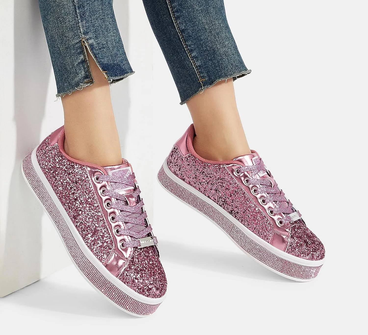 LUCKY STEP Women's Platform Glitter Sneakers | Sparkly Bling Shiny Dressy Bedazzled Wedding Bridal Fashion Walking Shoes