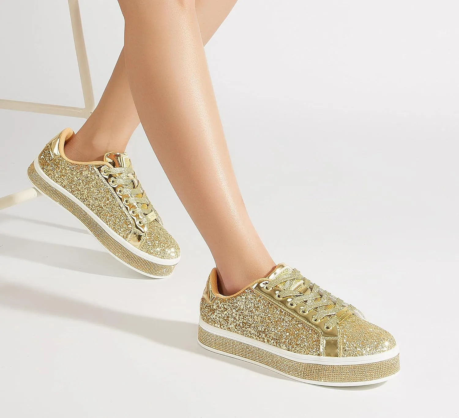 LUCKY STEP Women's Platform Glitter Sneakers | Sparkly Bling Shiny Dressy Bedazzled Wedding Bridal Fashion Walking Shoes