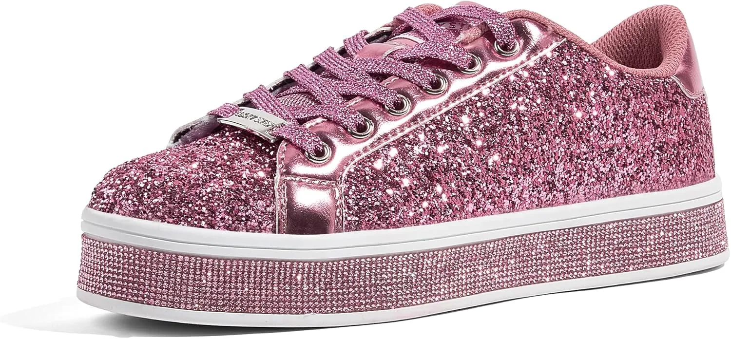 LUCKY STEP Women's Platform Glitter Sneakers | Sparkly Bling Shiny Dressy Bedazzled Wedding Bridal Fashion Walking Shoes
