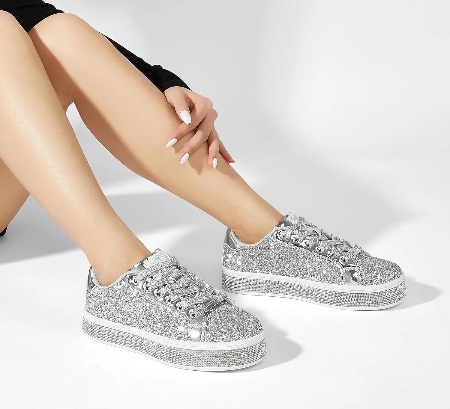 LUCKY STEP Women's Platform Glitter Sneakers | Sparkly Bling Shiny Dressy Bedazzled Wedding Bridal Fashion Walking Shoes