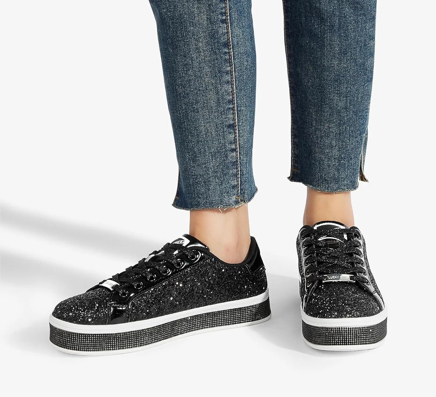 LUCKY STEP Women's Platform Glitter Sneakers | Sparkly Bling Shiny Dressy Bedazzled Wedding Bridal Fashion Walking Shoes