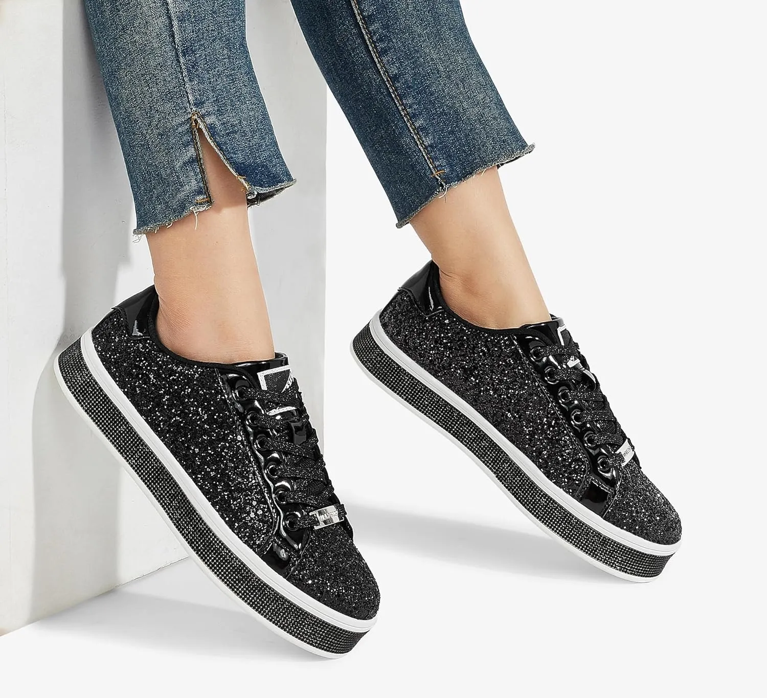 LUCKY STEP Women's Platform Glitter Sneakers | Sparkly Bling Shiny Dressy Bedazzled Wedding Bridal Fashion Walking Shoes