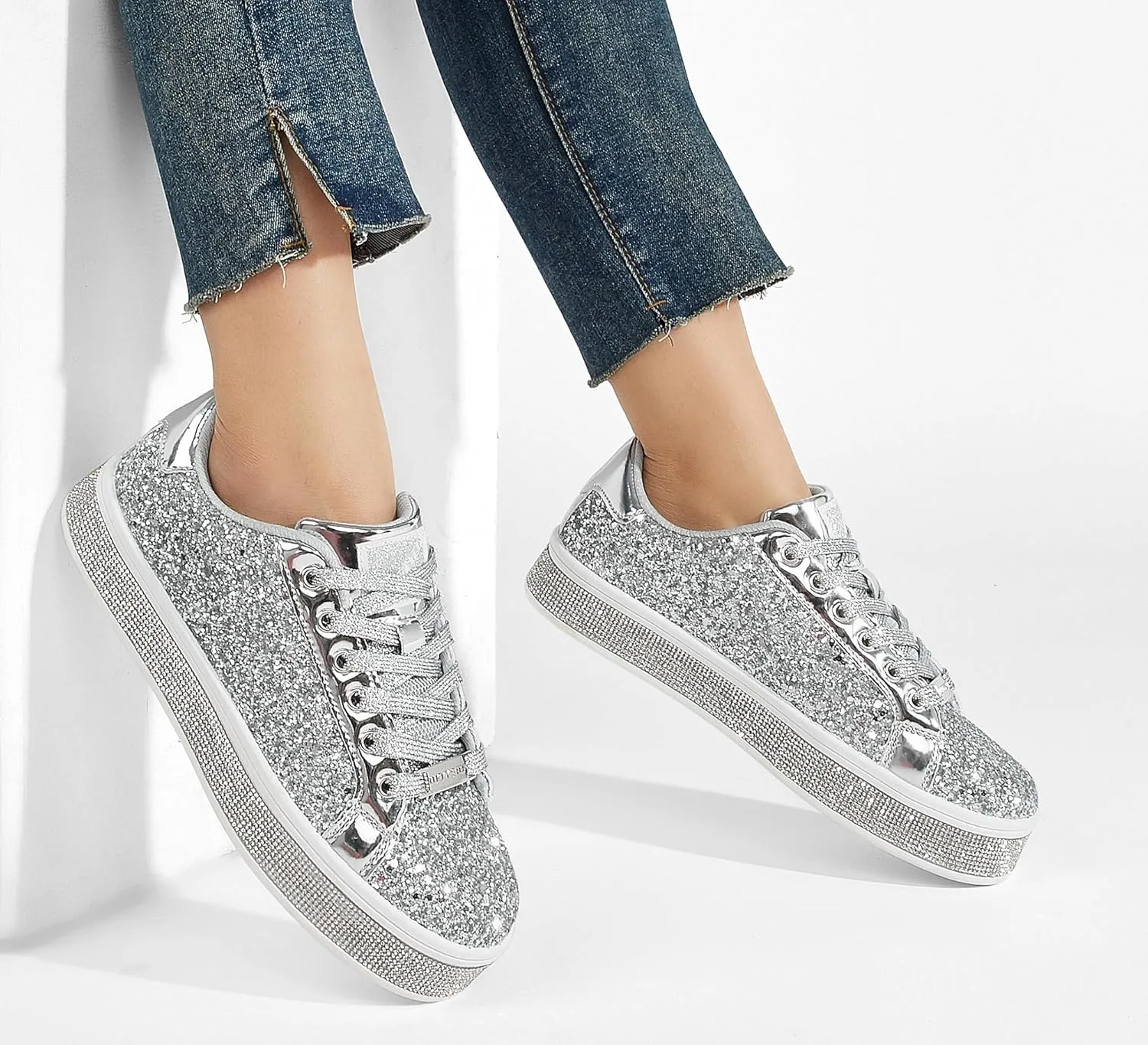 LUCKY STEP Women's Platform Glitter Sneakers | Sparkly Bling Shiny Dressy Bedazzled Wedding Bridal Fashion Walking Shoes