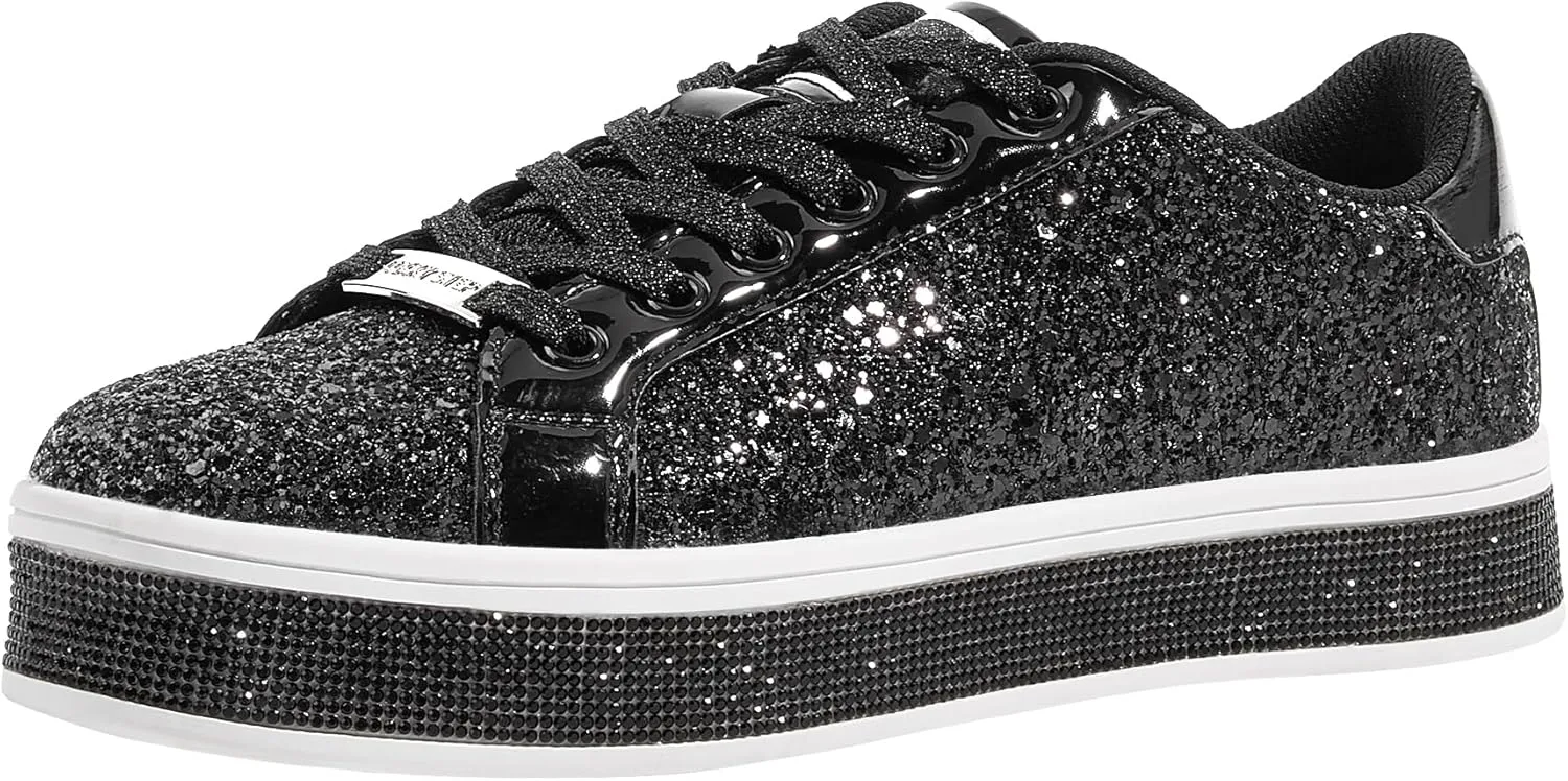 LUCKY STEP Women's Platform Glitter Sneakers | Sparkly Bling Shiny Dressy Bedazzled Wedding Bridal Fashion Walking Shoes