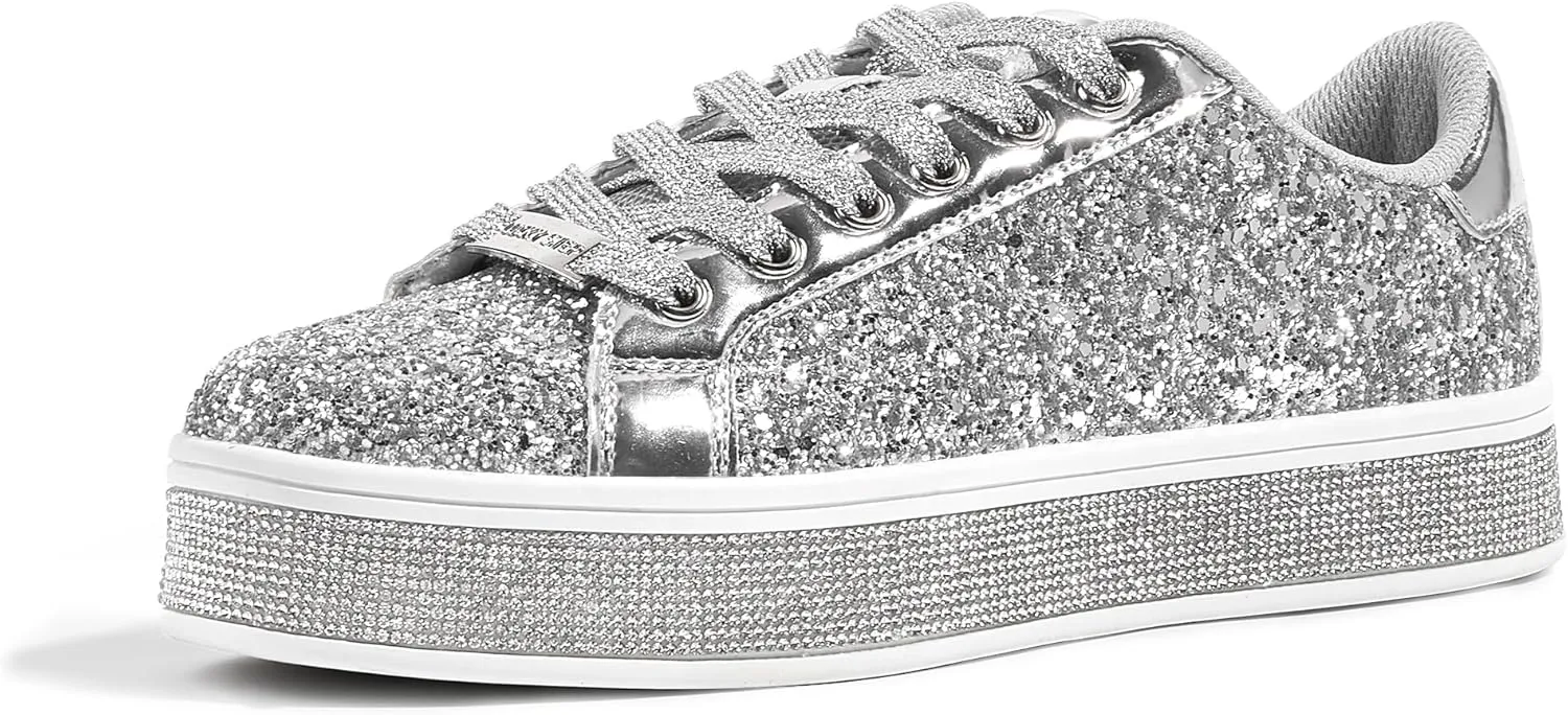 LUCKY STEP Women's Platform Glitter Sneakers | Sparkly Bling Shiny Dressy Bedazzled Wedding Bridal Fashion Walking Shoes