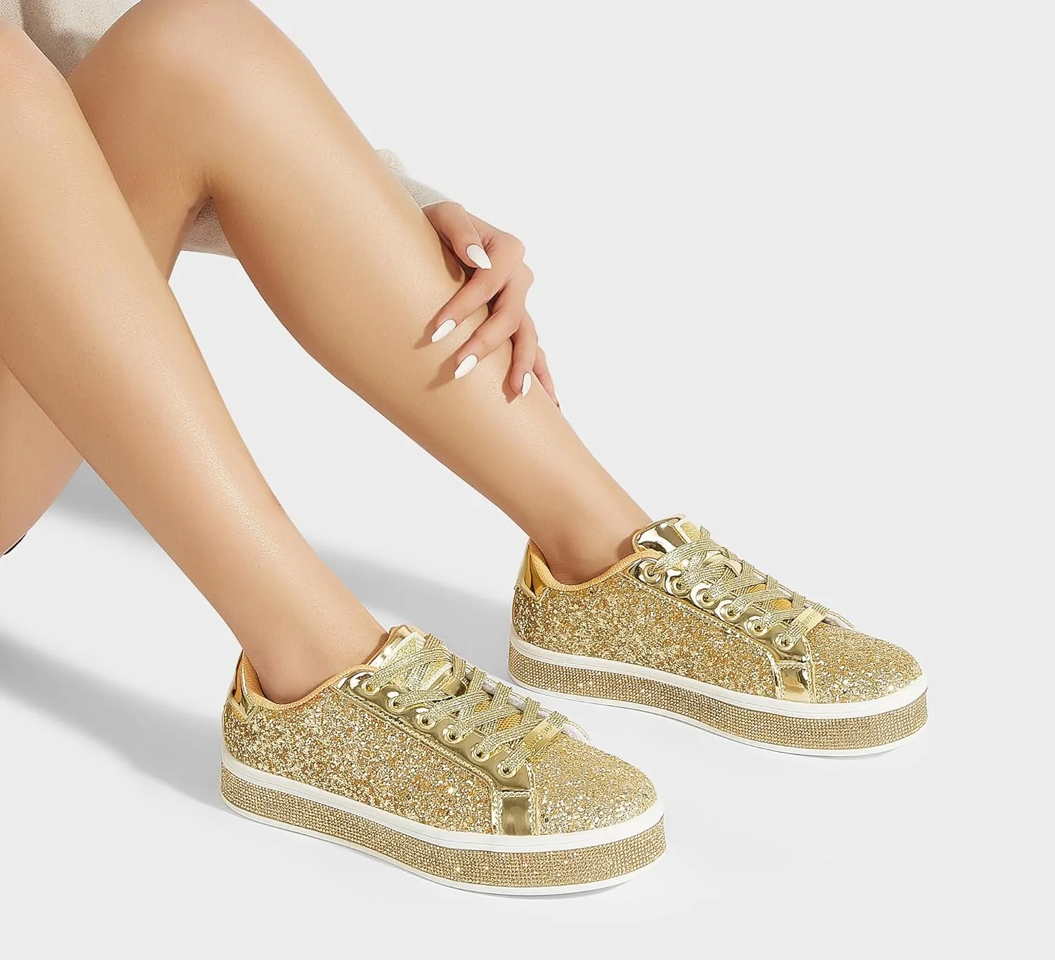 LUCKY STEP Women's Platform Glitter Sneakers | Sparkly Bling Shiny Dressy Bedazzled Wedding Bridal Fashion Walking Shoes