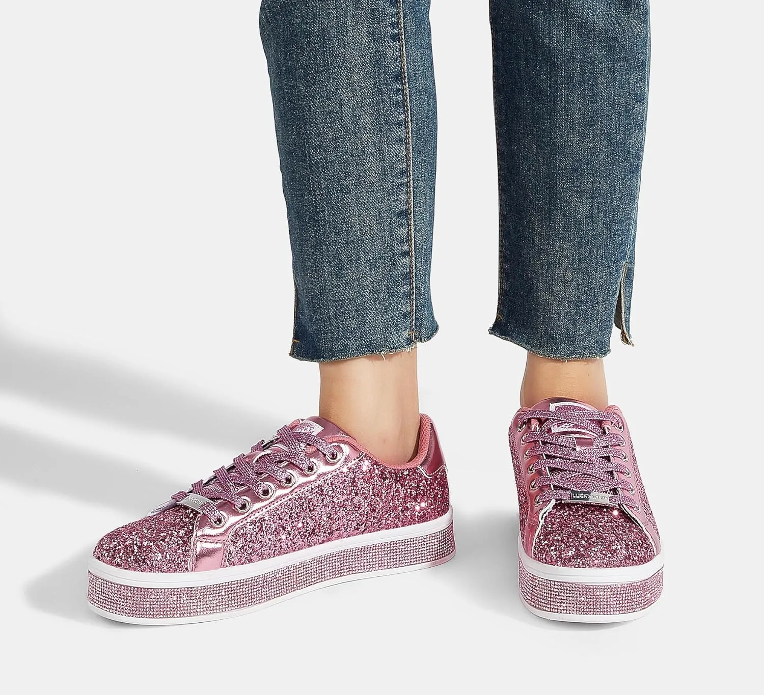 LUCKY STEP Women's Platform Glitter Sneakers | Sparkly Bling Shiny Dressy Bedazzled Wedding Bridal Fashion Walking Shoes
