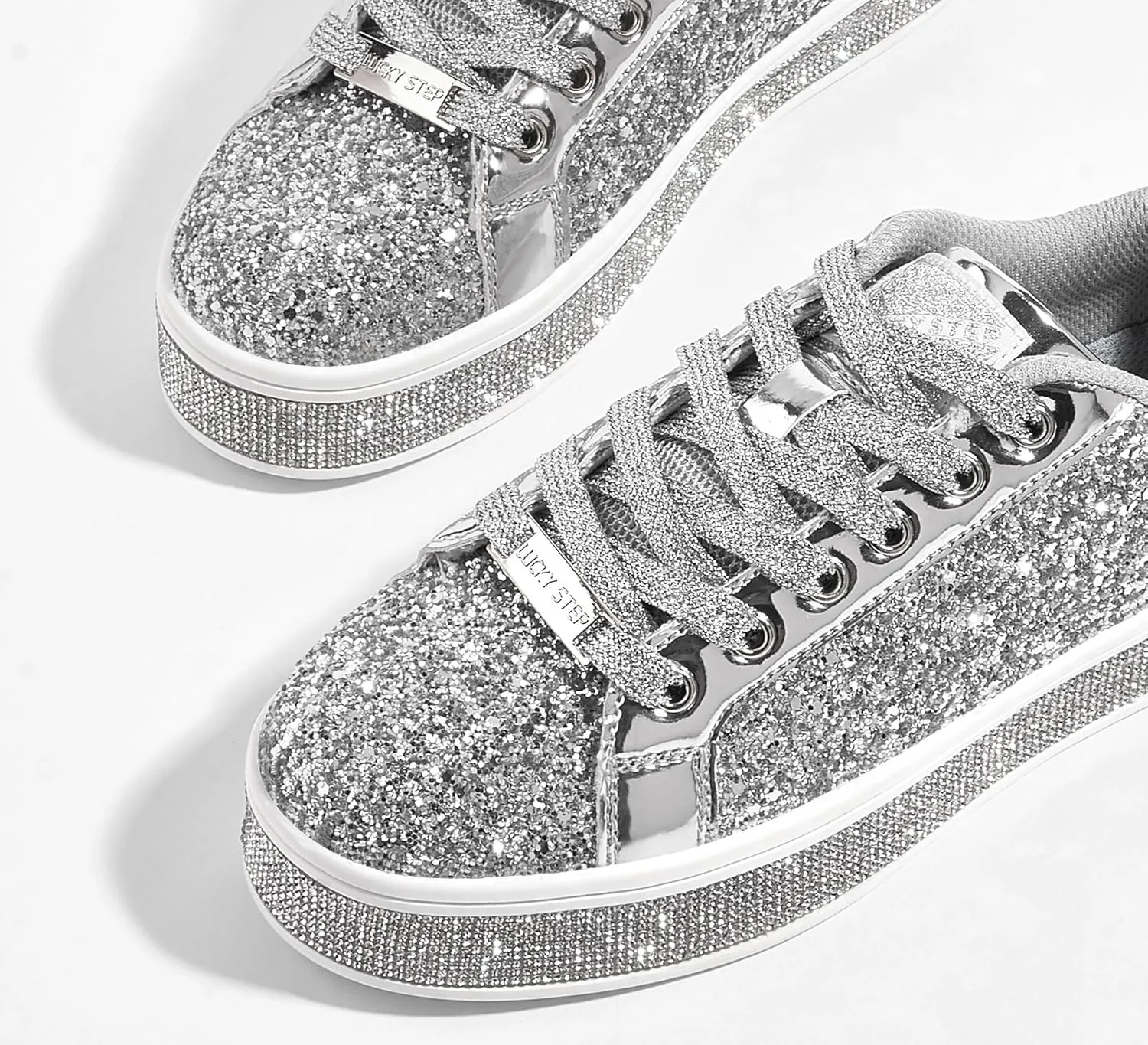 LUCKY STEP Women's Platform Glitter Sneakers | Sparkly Bling Shiny Dressy Bedazzled Wedding Bridal Fashion Walking Shoes