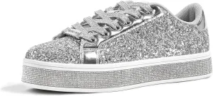 LUCKY STEP Women's Platform Glitter Sneakers | Sparkly Bling Shiny Dressy Bedazzled Wedding Bridal Fashion Walking Shoes