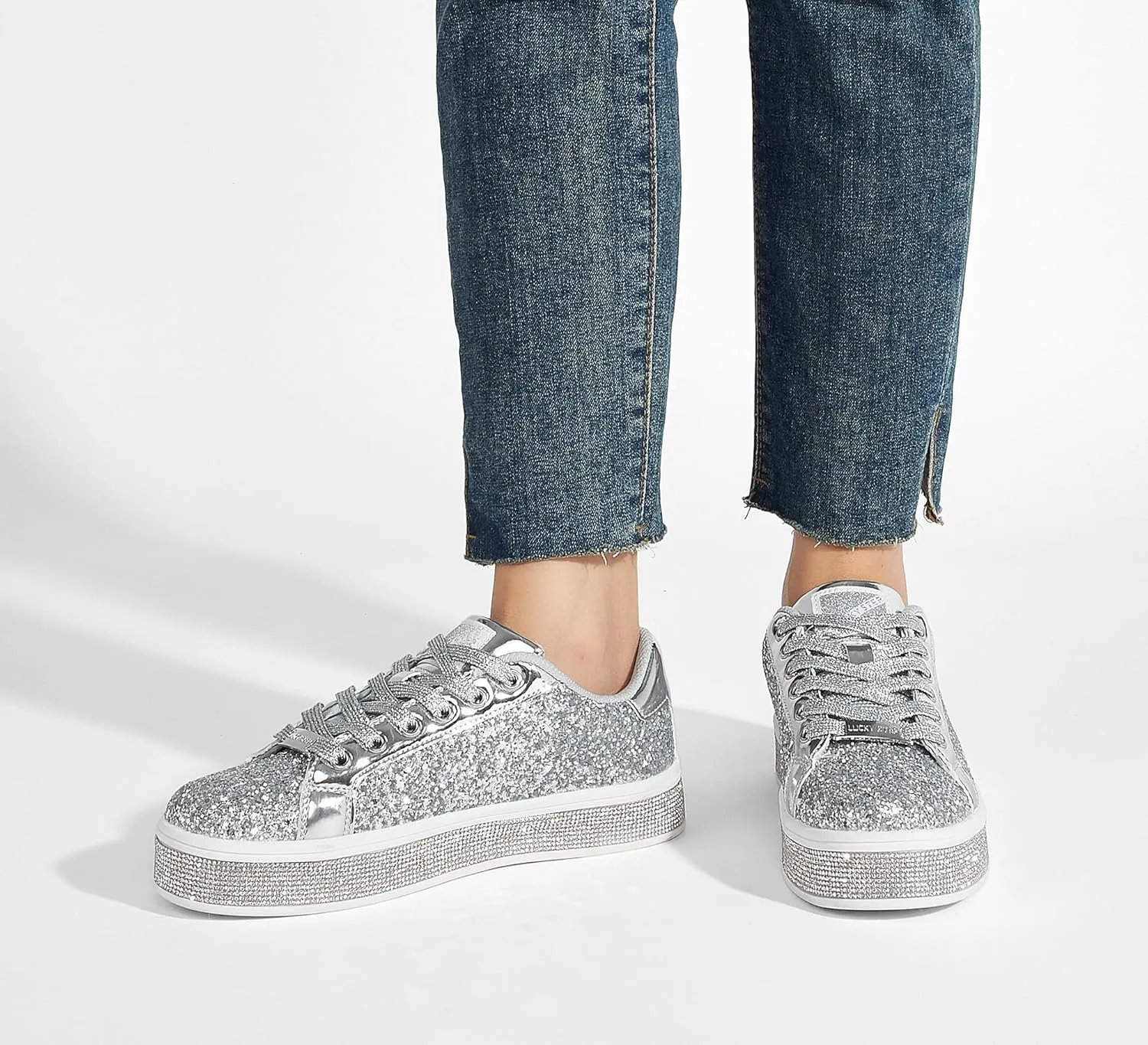 LUCKY STEP Women's Platform Glitter Sneakers | Sparkly Bling Shiny Dressy Bedazzled Wedding Bridal Fashion Walking Shoes