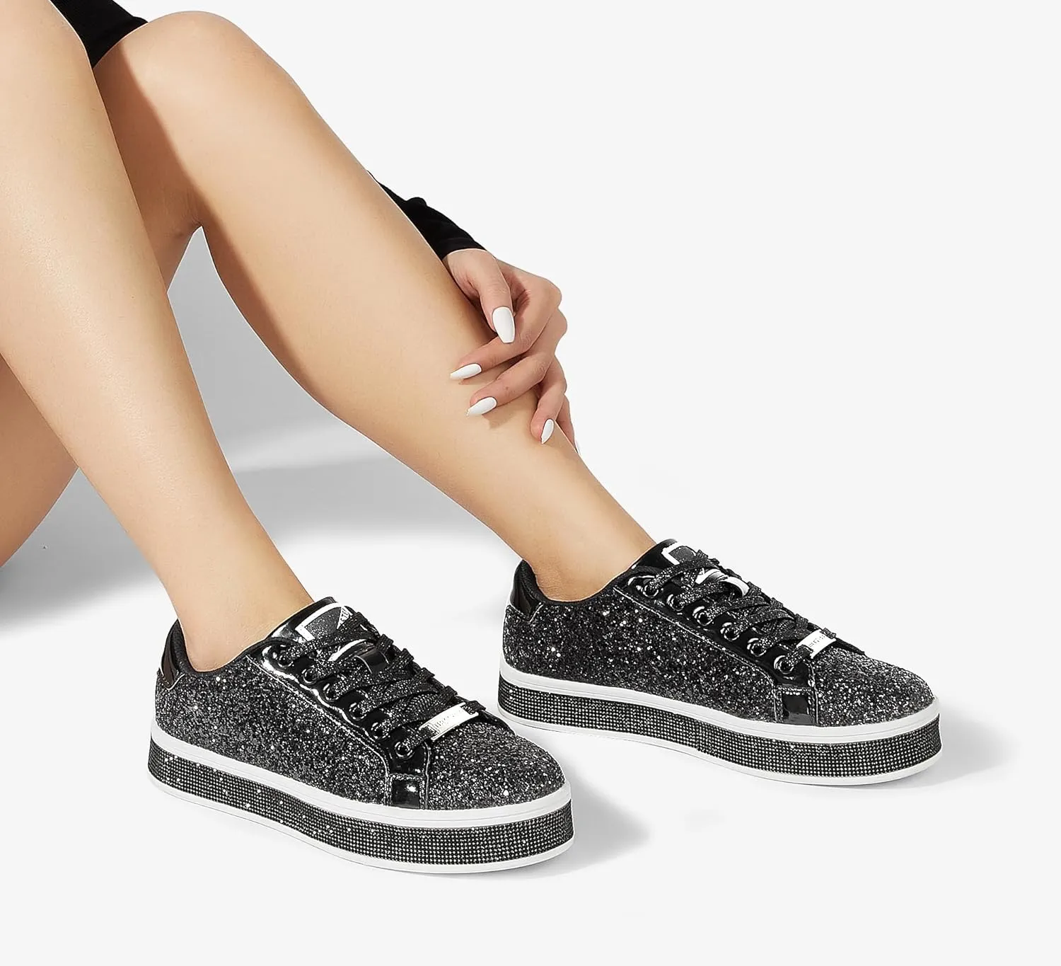 LUCKY STEP Women's Platform Glitter Sneakers | Sparkly Bling Shiny Dressy Bedazzled Wedding Bridal Fashion Walking Shoes