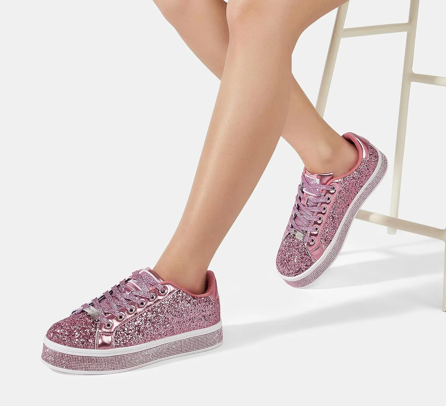 LUCKY STEP Women's Platform Glitter Sneakers | Sparkly Bling Shiny Dressy Bedazzled Wedding Bridal Fashion Walking Shoes