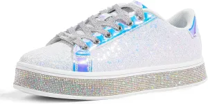 LUCKY STEP Women's Platform Glitter Sneakers | Sparkly Bling Shiny Dressy Bedazzled Wedding Bridal Fashion Walking Shoes