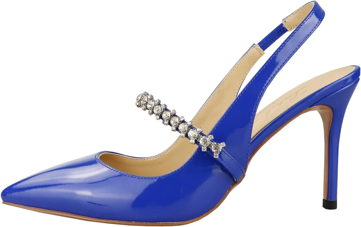 Lutalica W Women's Patent Leather Pointed Toe Glitter Crystal Strappy Mid High Heel Dress Slingback Pumps