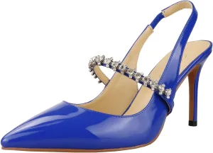 Lutalica W Women's Patent Leather Pointed Toe Glitter Crystal Strappy Mid High Heel Dress Slingback Pumps