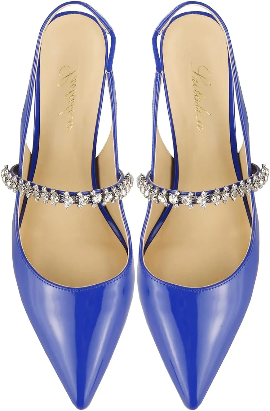 Lutalica W Women's Patent Leather Pointed Toe Glitter Crystal Strappy Mid High Heel Dress Slingback Pumps