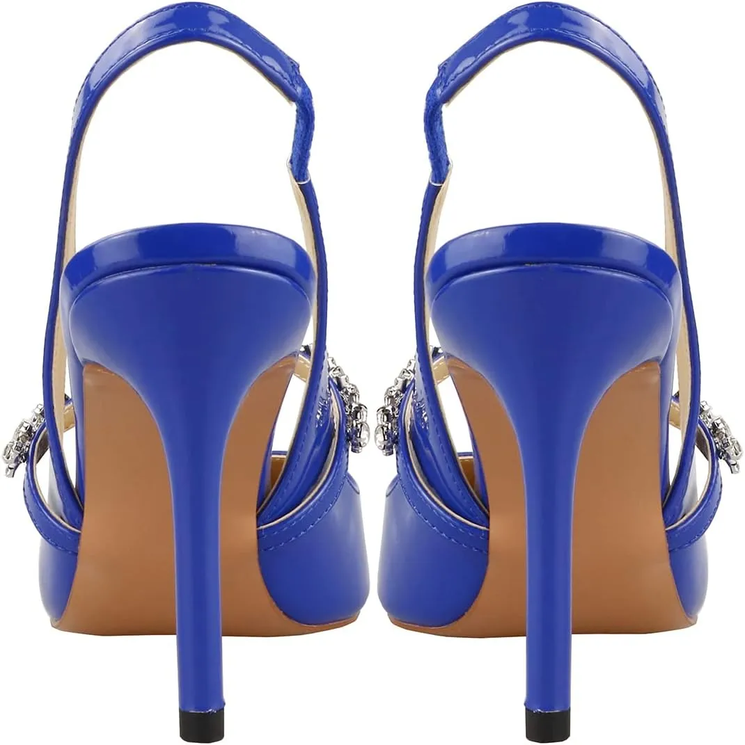 Lutalica W Women's Patent Leather Pointed Toe Glitter Crystal Strappy Mid High Heel Dress Slingback Pumps