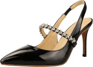 Lutalica W Women's Patent Leather Pointed Toe Glitter Crystal Strappy Mid High Heel Dress Slingback Pumps