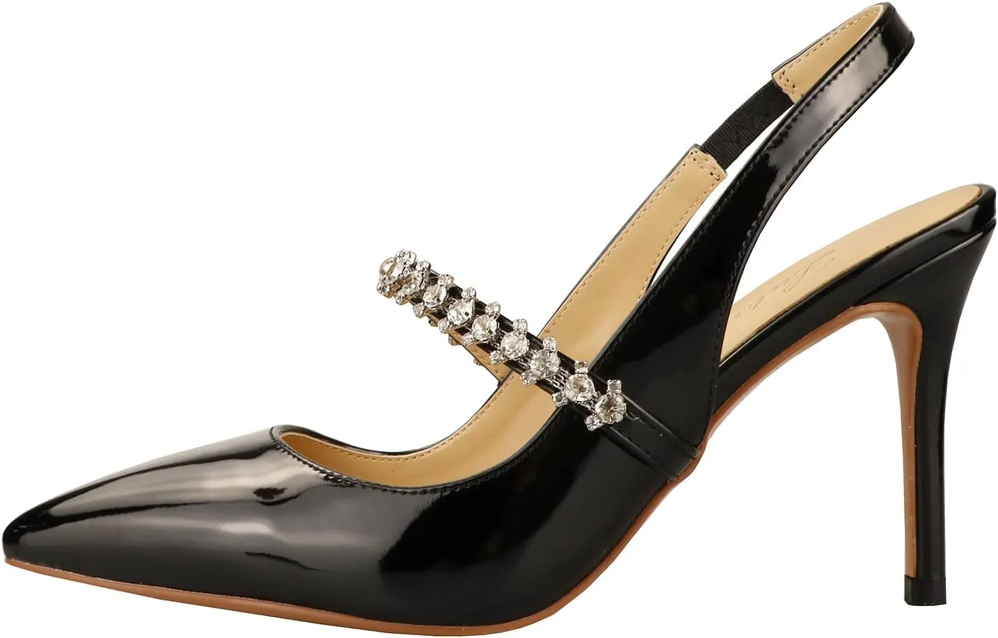 Lutalica W Women's Patent Leather Pointed Toe Glitter Crystal Strappy Mid High Heel Dress Slingback Pumps