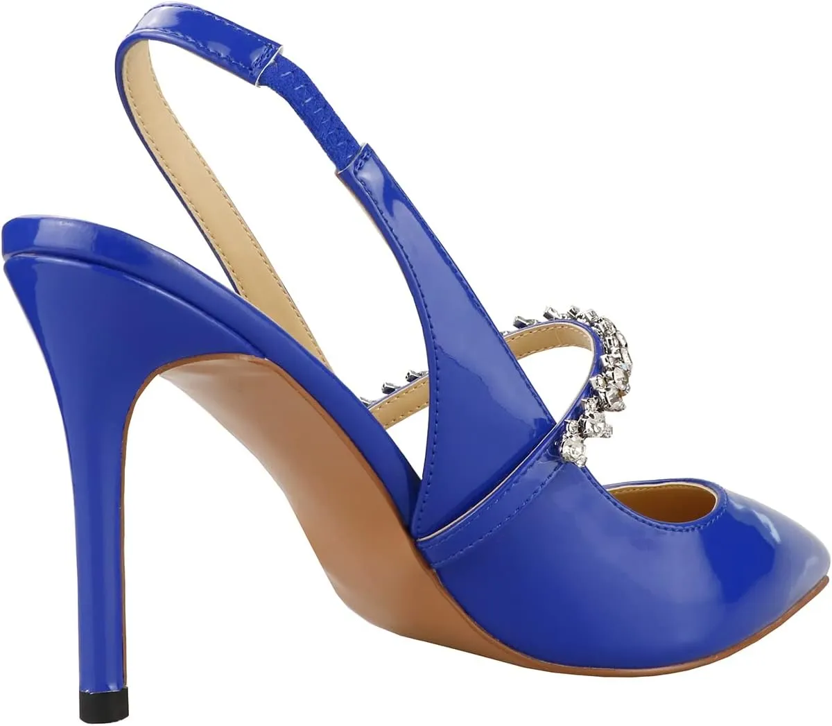 Lutalica W Women's Patent Leather Pointed Toe Glitter Crystal Strappy Mid High Heel Dress Slingback Pumps