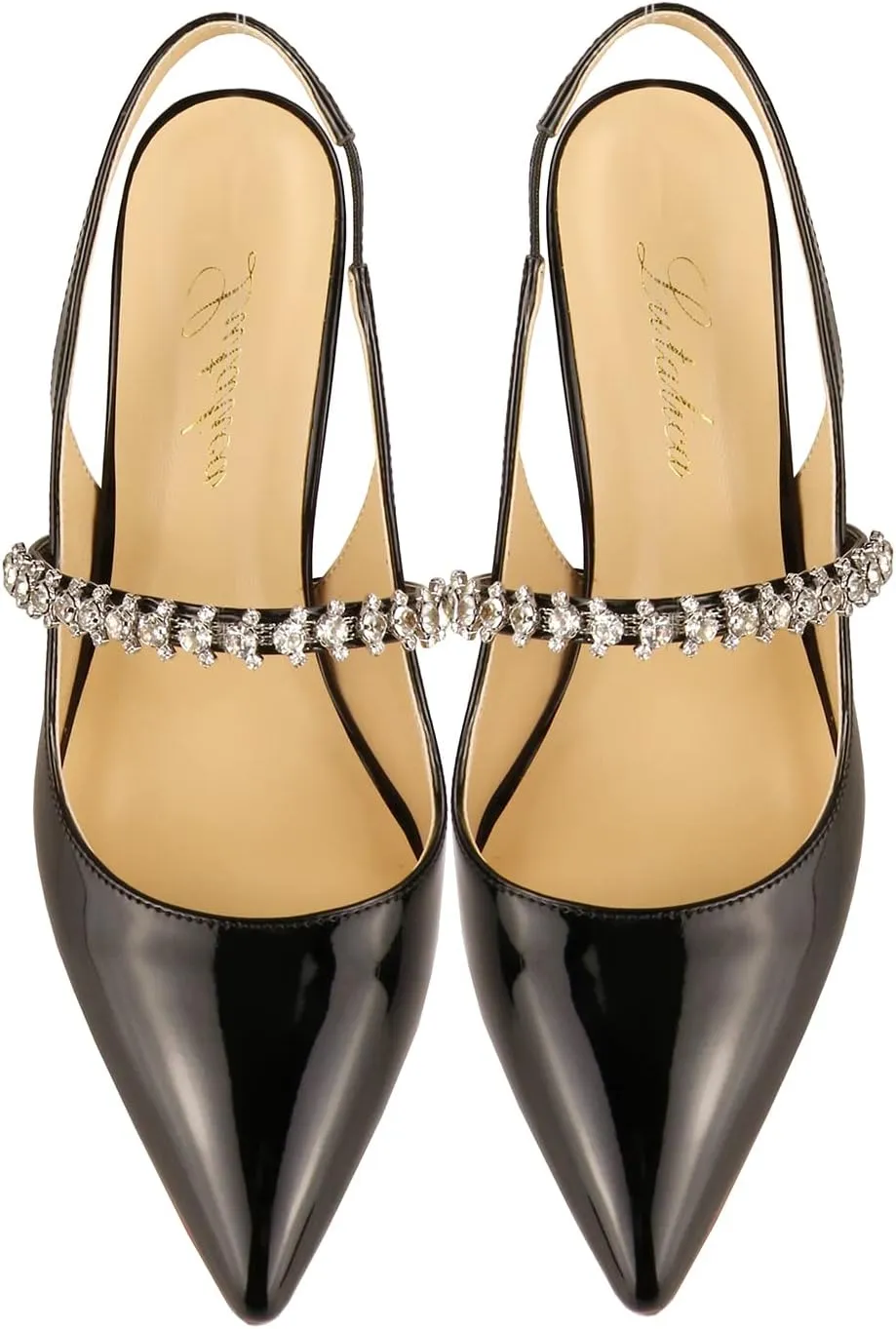 Lutalica W Women's Patent Leather Pointed Toe Glitter Crystal Strappy Mid High Heel Dress Slingback Pumps
