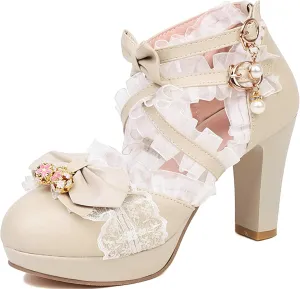 LUXMAX Women Cute Mary Janes Kawaii Shoes Block High Heel Ankle Strap Pumps Sweet Chunky Heel Platform Buckle Pumps with Bow