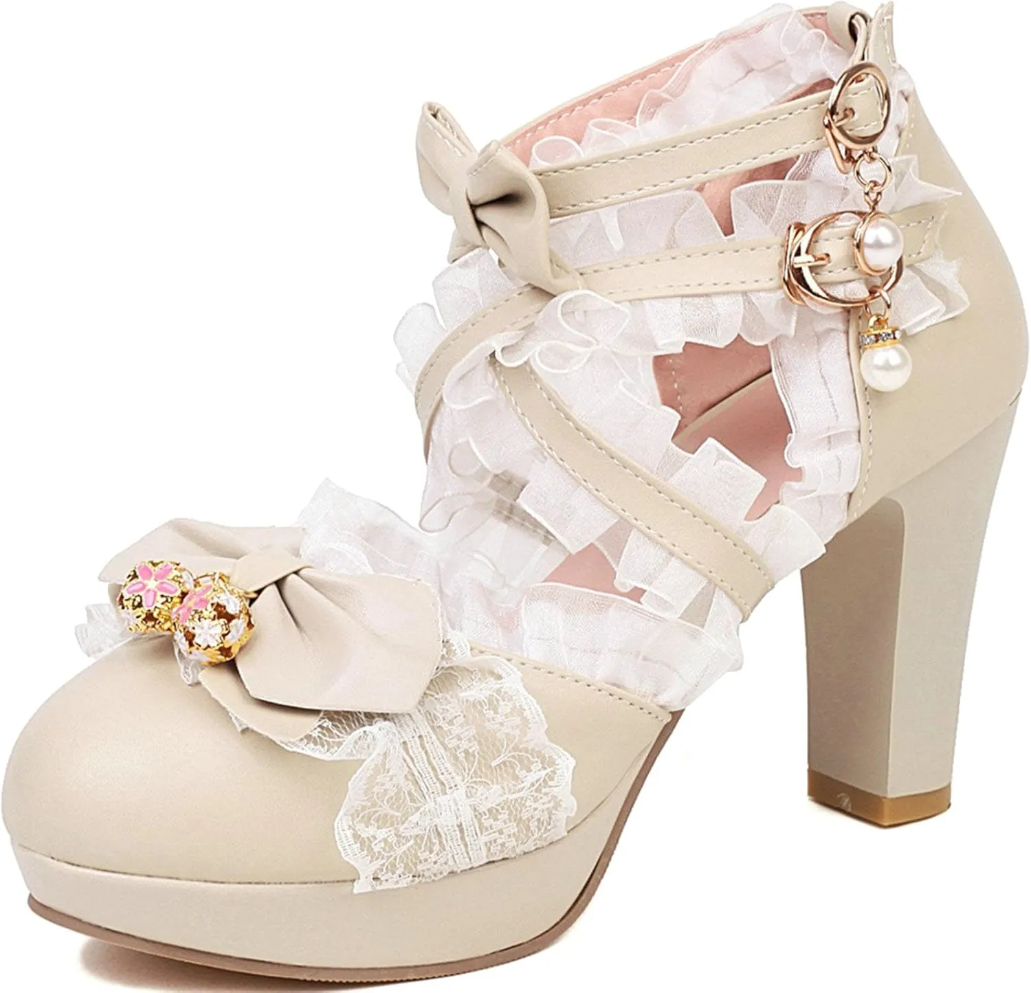 LUXMAX Women Cute Mary Janes Kawaii Shoes Block High Heel Ankle Strap Pumps Sweet Chunky Heel Platform Buckle Pumps with Bow