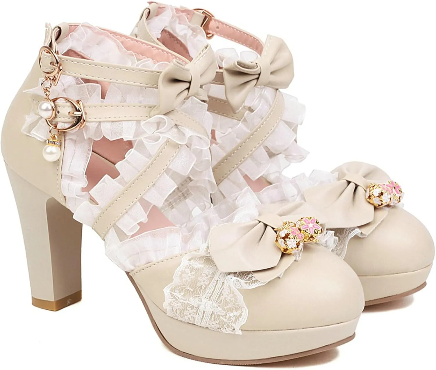 LUXMAX Women Cute Mary Janes Kawaii Shoes Block High Heel Ankle Strap Pumps Sweet Chunky Heel Platform Buckle Pumps with Bow