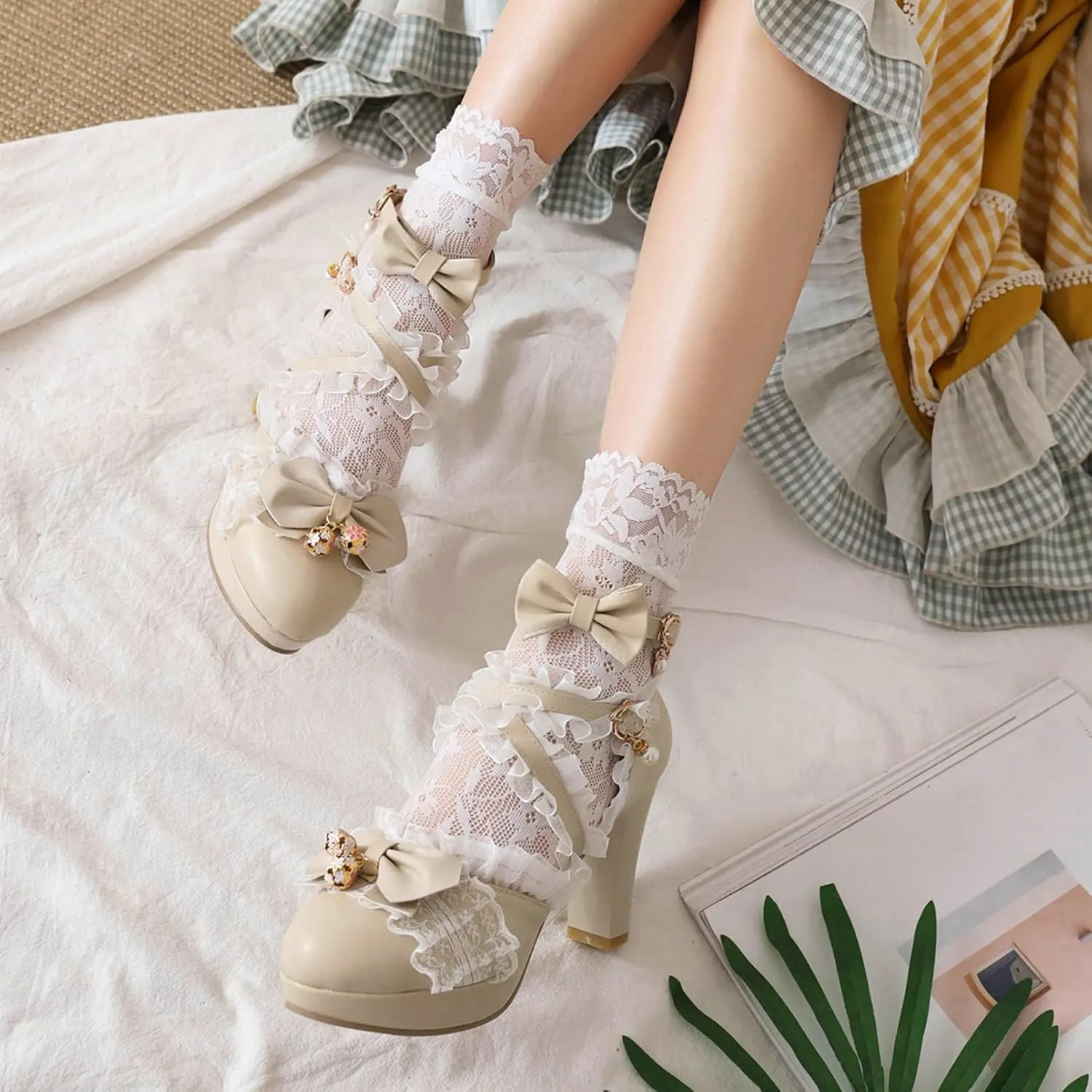 LUXMAX Women Cute Mary Janes Kawaii Shoes Block High Heel Ankle Strap Pumps Sweet Chunky Heel Platform Buckle Pumps with Bow