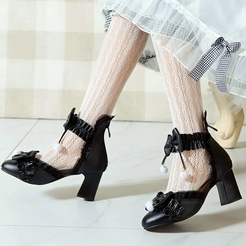 LUXMAX Womens Bow Pumps Cross Strap Block Heel Cute Cosplay Shoes