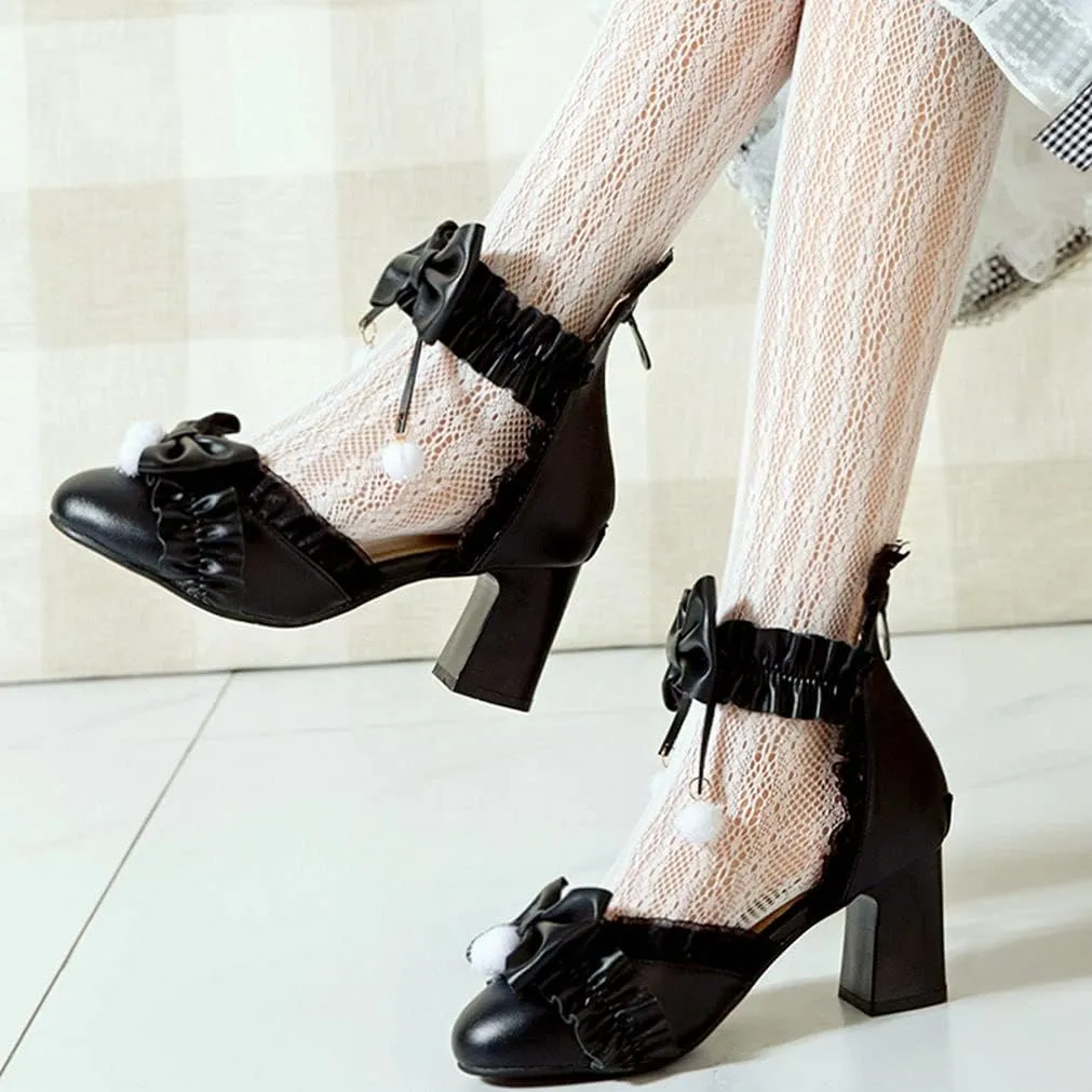 LUXMAX Womens Bow Pumps Cross Strap Block Heel Cute Cosplay Shoes