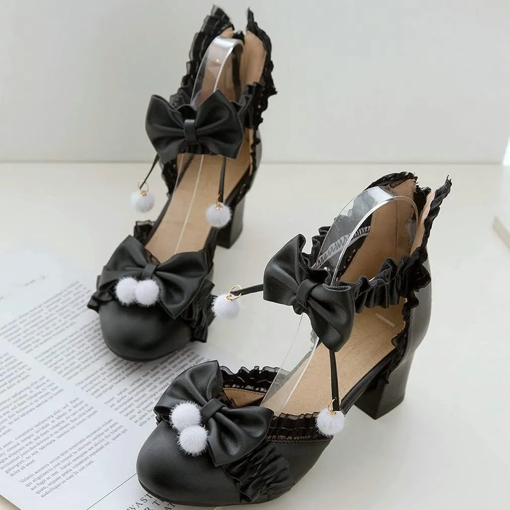 LUXMAX Womens Bow Pumps Cross Strap Block Heel Cute Cosplay Shoes