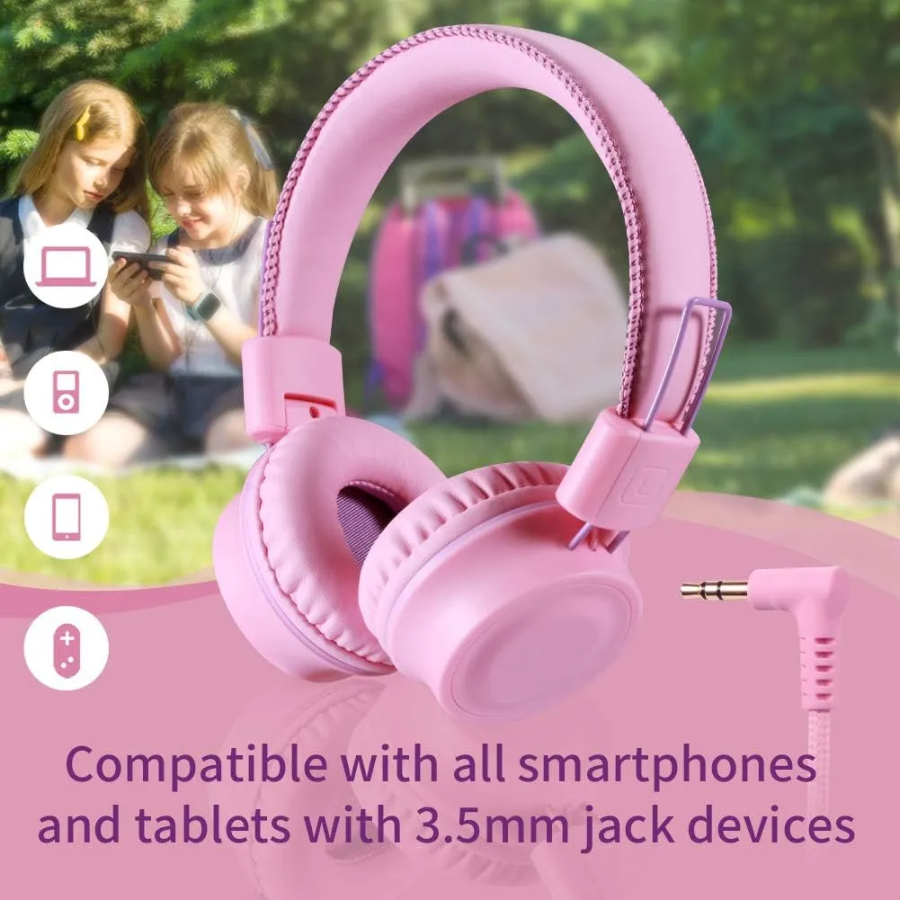 M2 Kids Headphones Wired Headphone for Kids,Foldable Adjustable Stereo Tangle-Free,3.5MM Jack Wire Cord On-Ear Headphone for Children/Teens/Girls/School/Kindle/Airplane/Plane/ (Pink)