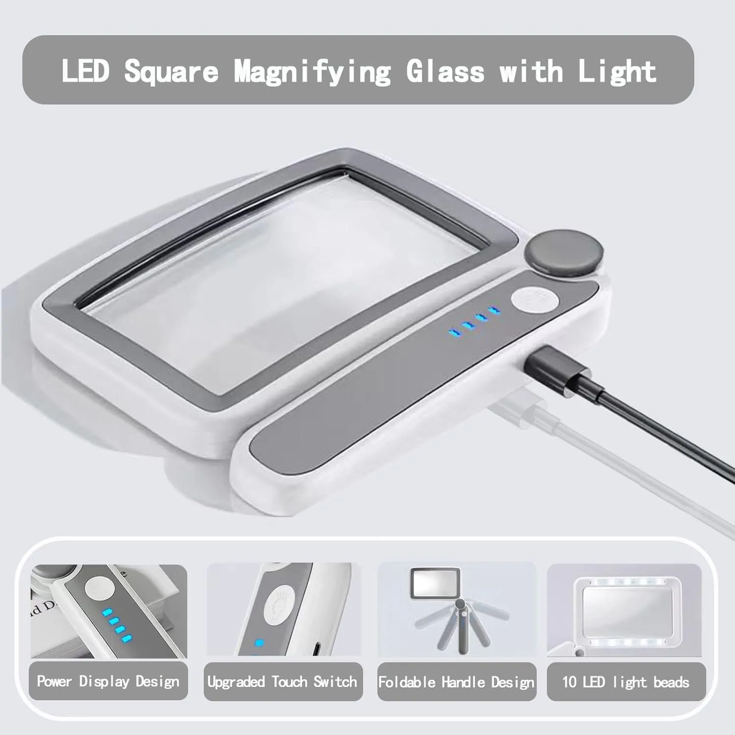 Magnifying Glass with Light, Rechargeable Page Magnifier with 3 Light Modes Magnifying Glass for Reading Folding Handheld Lens with Clean Cloth Items for Grandma Grandpa Seniors Book Lovers
