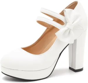 MAIERNISI JESSI Women's Bow Heel Pumps Platform High Heeled Wedding Dress Shoes