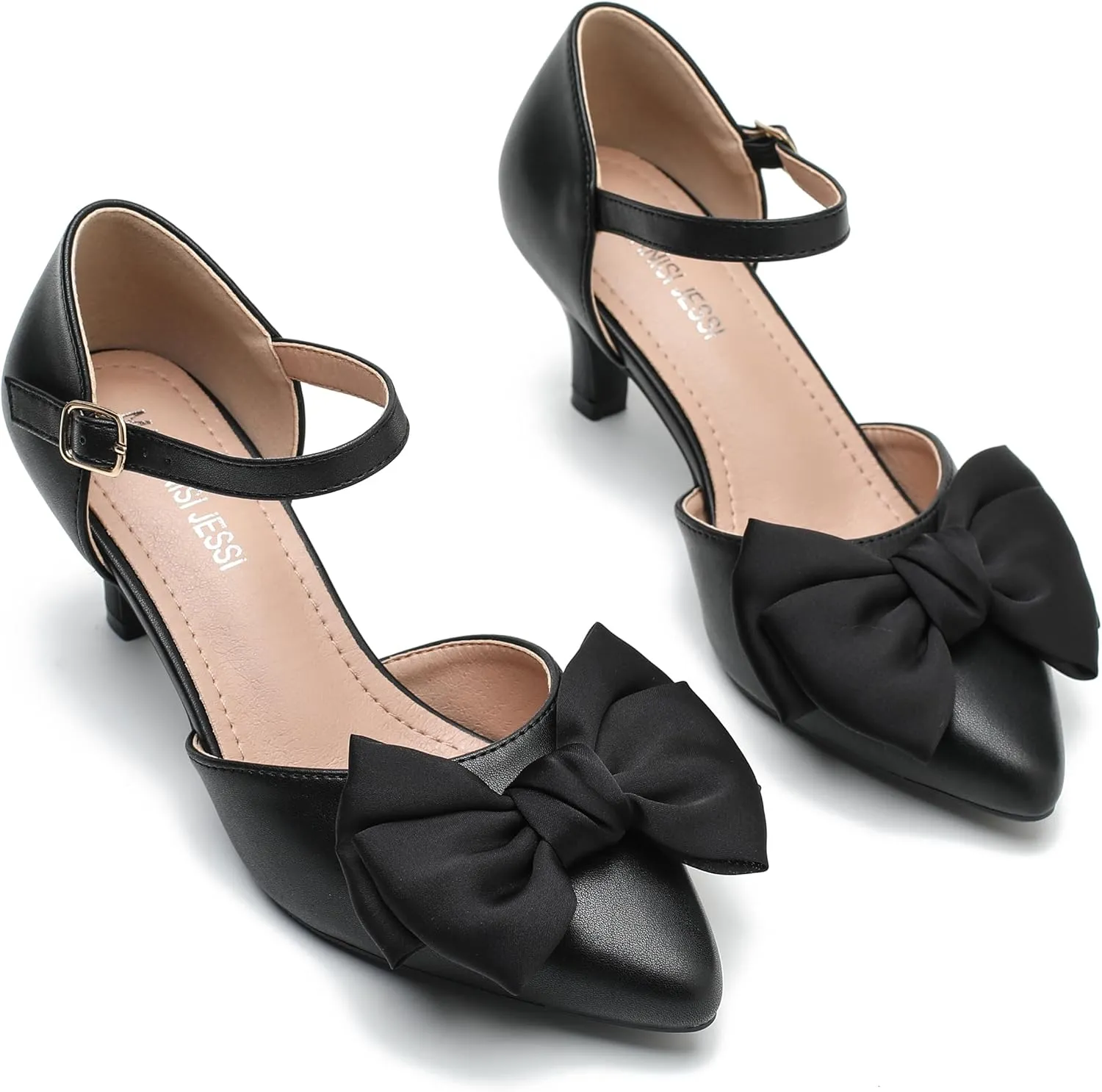MAIERNISI JESSI Women's Bow Heels Closed Toe Kitten Heel Ankle Strap Dressy Wedding Pumps
